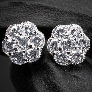 Flower Cluster Brilliant Iced Cz White Gold 925 Sterling Silver Stud Earrings